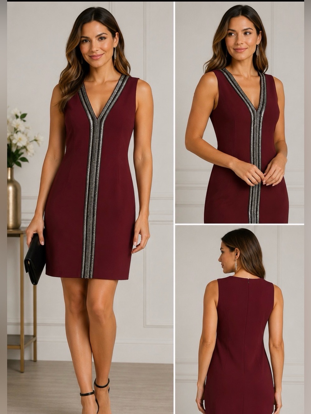 Laundry by Shelli Segal Beaded V-Neck Shift Dress Burgundy Size 2